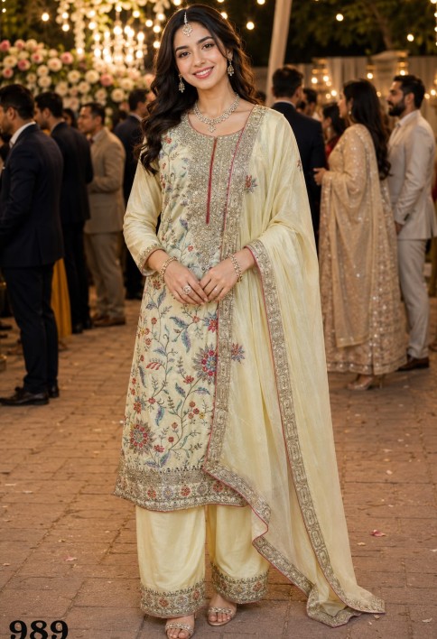 Chinon Salwar Suit In Cream Colour